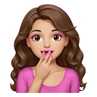 girl with long wavy brown hair, brown eyes, long lashes makeup, sexy pink lips, light to medium complexion, wearing a pink sexy top, sexy, giggling hand covering mouth sticker