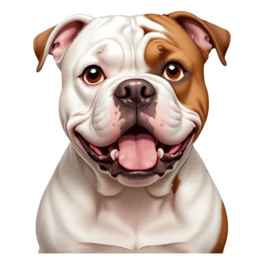 Cinematic Comical White and Brown American Bulldog Portrait Emoji, Head tilted dramatically with an exaggeratedly shocked or offended expression, short white fur with bold brown patches, wide, expressive brown eyes filled with exaggerated disbelief, Simplified yet hilariously expressive features, highly detailed, glowing with a slightly sassy glow, high shine, dramatic yet playful, stylized with an air of attitude, bright and endearing, soft glowing outline, capturing the essence of a sassy and over-the-top pup, so meme-worthy it feels like it could side-eye its way into internet fame instantly! sticker