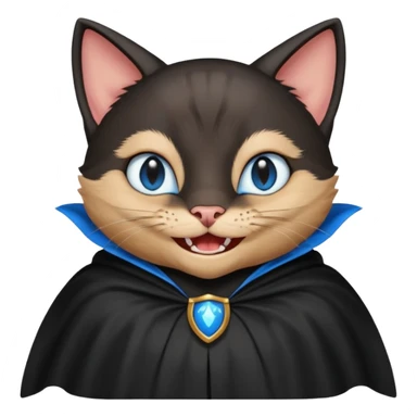 an all black anthropomorphic cat with blue eyes wears an all black cape and is smiling a mischievous sharp tooth grin sticker