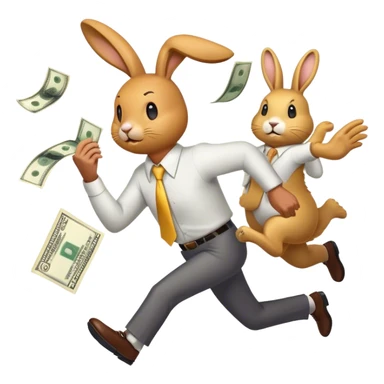 Design an emoji of a stressed-out business owner chasing a golden rabbit holding a dollar bill. The entrepreneur looks exhausted, sweating, and running endlessly, as if stuck in an infinite loop sticker