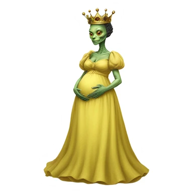 Pregnant reptilian alien woman, full body, in victorian jellow elegant dress, have a crown sticker