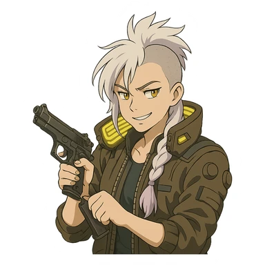 1 female, gold yellow eyes, white hair lavender tips, long white braid, unruly locks in front, mohawk, wearing trademark cyberpunk jacket with the lit up inner collar, reloading a m9 pistol with a smirk sticker