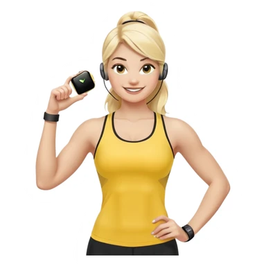 Sporty blonde woman in yellow top and black leggings, showing bicep, smiling, with wireless earbud and Apple Watch sticker