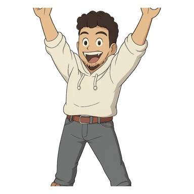 1 male, mid fade haircut dark chestnut brown curly hair, toasted lightskin, white hoodie sleeves up, gray fashion jeans, red fashion-sneakers shoes, red belt, short trimmed beard and goatee,  style of deku from "my hero academia",  doing a pose for a "happy" emote for twitch sticker