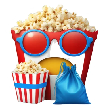 Emoticon smiley circle with red and blue 3D glasses and small bag of popcorn to the side sticker
