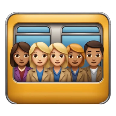 five happy people, mixed genders, friendly and close, inside a subway car similar to Apple emoji subway, Apple emoji style sticker