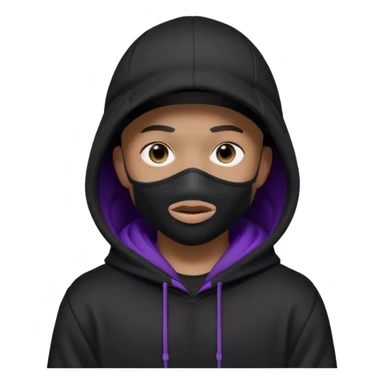 Cartoon blacked character related to a shadow, with all black clothes, focusing a hoodie with his cap on and a black facemask, no visible face because of the darkness, just his purple shadow eyes making a light bloom sticker