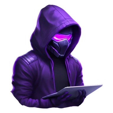 Side view developer behind his laptop with this style : crysis Cyberpunk Valorant neon glowing bright purple character purple violet black hooded assassin themed character sticker