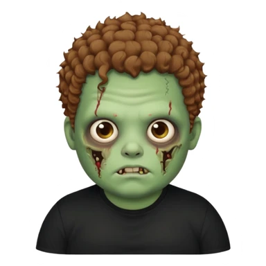 a zombie boy with brown curly hair and a fat double chin, with black t shirt sticker