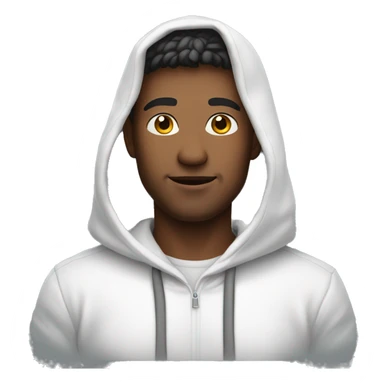 An emoji of a handsome man wearing a white hoodie, with the hood down, showing his hair, and standing confidently with a relaxed expression sticker