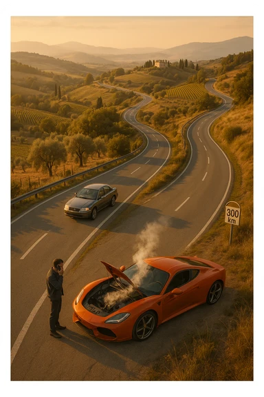 "Aerial view of winding mountain road through Italian countryside, steady reliable sedan maintaining consistent pace with confident driver, versus flashy supercar stopped at roadside with hood open and steam rising, mechanic being called on phone, 300km milestone sign visible in distance, moral lesson about reliability over showmanship, golden hour lighting" sticker