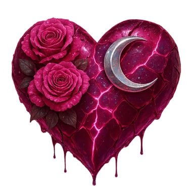 Edit the gothic heart to feature splintered deep pink glass, silver crescent moon, pink roses, holographic stardust, neon lightning, and a wet look. Keep the background transparent. sticker