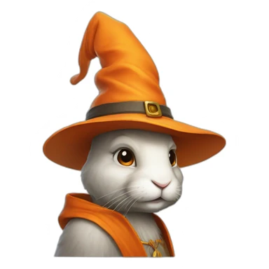 portrait of a rabbit wizard, with an orange hat sticker