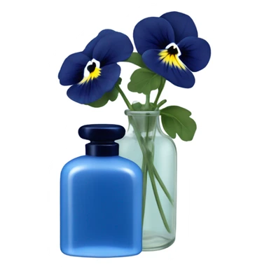 Decorative blue candle in a glass jar and in the back are navy blue pansies and a blue vintage-style perfume bottle  sticker
