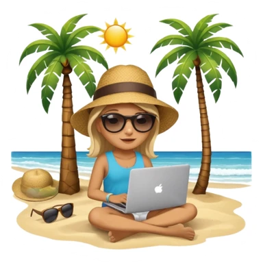 A gender-neutral emoji-style character (🧑‍💻) sitting with a laptop on the beach, next to a palm tree, with sun and ocean in the background. sticker