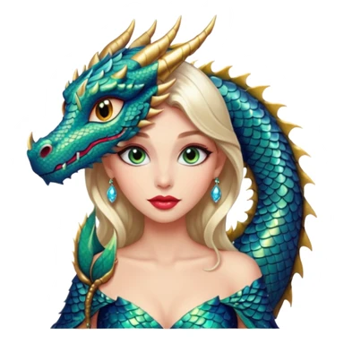 A gorgeous woman with dragon features with glittering jeweled scales covering her body. She has large almond shaped eyes, lush lips, and she wears a stunning luminescent gown. sticker