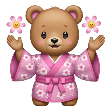 A cute light-brown bear wearing a pastel pink sakura-patterned kimono, normal balanced body ratio.  
Clapping hands cheerfully with a big bright smile and small spark effects around.  
Kawaii emoji style, minimalistic clean sticker illustration, white background.
 sticker