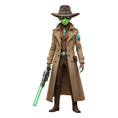 A tall alien cowboy standing in a dusty desert on an alien planet, wearing a futuristic cowboy hat and long trench coat, glowing eyes, twin plasma revolvers on his belt, dramatic sunset, cinematic lighting, ultra realistic, high detail, epic sci-fi western atmosphere

 sticker