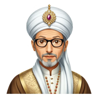 Jeff Goldblum no glasses as a regal portrait dressed as suleiman-the-magnificent,-depicted-as-a-regal-ottoman-sultan-adorned-with-a-large,-white,-round,-tall-turban-and-a-majestic-grey-beard,-his-commanding-gaze-bathed-in-warm,-historic-lighting-that-exudes-timel sticker