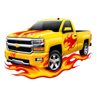 Yellow Chevrolet Silverado with elaborate airbrushed red flame pattern on hood and front quarter panels, screen-accurate Kill Bill truck artwork, 30-degree angle, iOS emoji style sticker