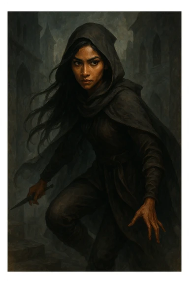 Inej Ghafa (the Wraith) from Six of Crows, young Suli woman with long dark hair, warm brown skin, wearing a hooded cloak, agile and graceful, intense eyes, mysterious and determined expression sticker