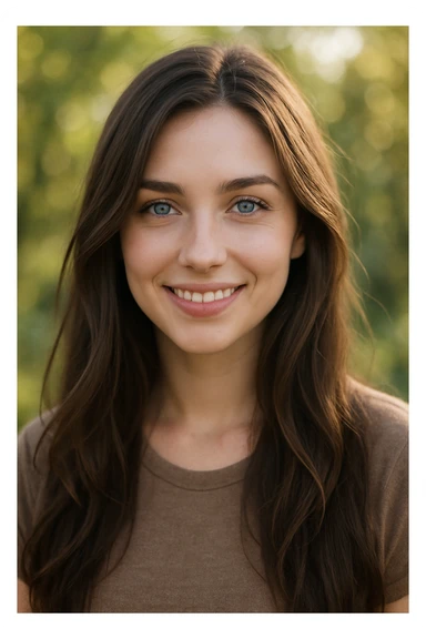 a beautiful brunette girl with blue eyes, long hair, friendly and sweet demeanor sticker