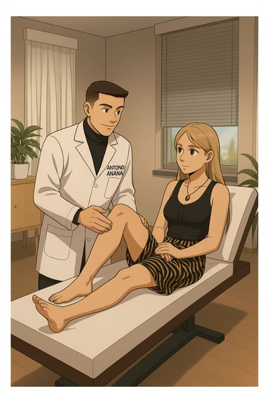 fai un webtoon/manga a colori con questo kinesiologo in camice bianco (fagli la scritta "ANTONIO ANANIA" SUL CAMICE) CHE SVOLGE UN TEST NEUROMUSCOLARE SOLLEVANDO UNA GAMBA ALLA RAGAZZA CHE è STESA SU UN LETTINO BIANCO. STANZA SEMPLICE E MODERNA, DURANTE IL TEST I DUE DIALOGANO TRA LORO. NON FARE I FUMETTI, FAI SOLO LORO COME SE DIALOGASSERO sticker