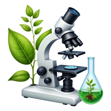 An icon featuring a microscope, a DNA strand, and a plant, symbolizing biology. The design includes animal cells, a leaf, and scientific formulas, representing the study of living organisms and ecosystems. Transparent background highlights biological research and discovery. sticker