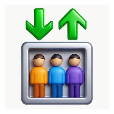 Convert this elevator icon to a 3D emoji style with a metallic silver elevator and green arrows, three people inside. The style should be glossy and vibrant, resembling Microsoft style 3D fluent emojis. sticker