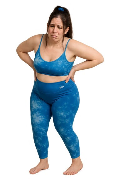 a woman in her 30s  holding her lower back with a pained expression. Subtle visual cues, like uneven shoulders or hips, hint at postural asymmetry. symbolizing chronic pain over the years. vista anatomicamente non farla troppo grassa sticker