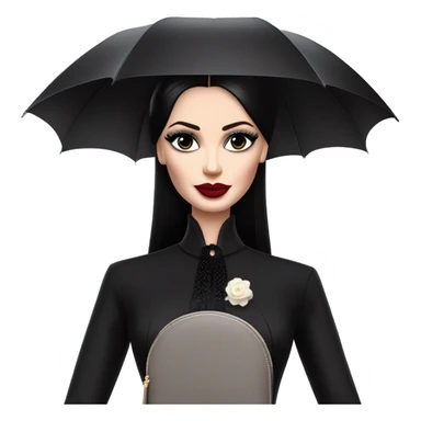 Parisienne Pretty Barbie Morticia Addams at a rainy funeral under umbrella, accessories gloves carrying clutch  sticker