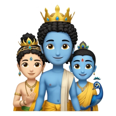 Create a Jesus, Krishna, and Buddha standing together. Krishna: bright blue skin, black curly hair tied in a small topknot, a tiny golden crown decorated with a peacock feather, wearing a yellow dhoti and light golden jewelry

 sticker
