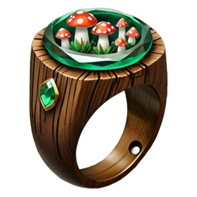 dark wood ring with epoxy resin in forest green pines and mushrooms crystal sticker