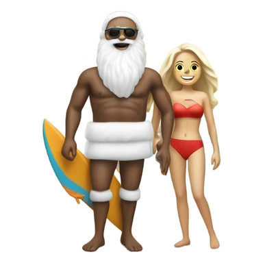 Santa a white man, traditional at the beach with a swim top for women on a surf board, wearing a woman’s swim top. Make him also flamboyant with a big white beard sticker