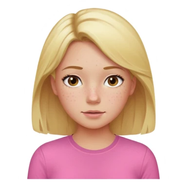 Girl with blond hair a bit of fresckles and a pink thight shirt sticker