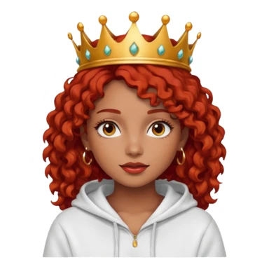 Slim girl with a fine face, dark chocolate-colored and tanned skin, medium-length curly tomato-red hair, dark eyes, medium-thick eyelashes, and a crown and hoop earrings wearing a white hooded sweatshirt.
 sticker
