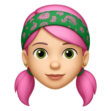 Create an image of a woman in the style of Apple emojis, featuring a green paisley bandana, pink hair, and earrings, with no background. sticker