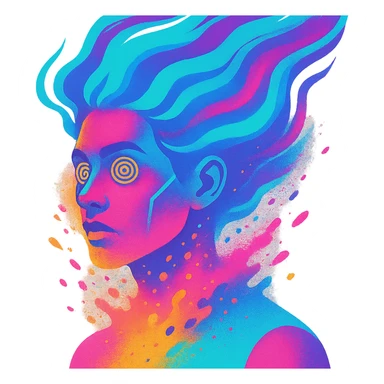 surreal portrait of a person with neon skin, face dissolving in an explosion of colors, airbrush effect, hair as swirling liquid color streams like northern lights, hypnotic spiral eyes, geometric elements along face contour, paint particles flying away, acid purple, turquoise, and electric pink blending, sense of movement sticker