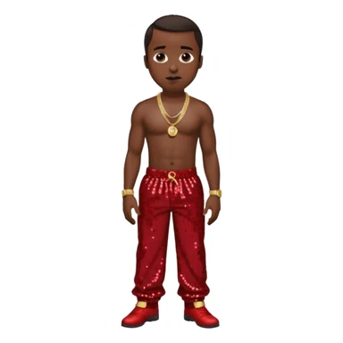 P Diddy with dark brown hair, dark red sequin baggy pants, shirtless with necklace sticker