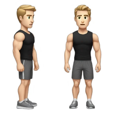 Confused Pale skinned Fit Man With the biceps and dark brown hair in black shirt, gray sports shorts and white Sneakers sticker