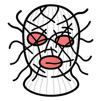 The mask is a full-head, white knitted balaclava with a tight ribbed texture. It features two asymmetrical eye openings and a partially exposed mouth area. Black thread is stitched across the surface in chaotic, abstract lines that trace facial features, giving a hand-drawn effect. Several black cords extend outward from the mask, varying in length and direction, adding a sculptural, almost organic appearance. The overall look is bold, handcrafted, and visually striking. sticker