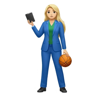 Full Body white plus size female basketball head coach using a clipboard with long blonde hair in a blue and green suit sticker