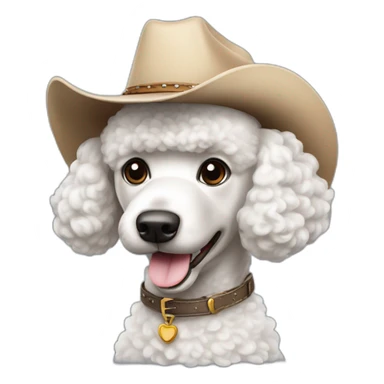 Happy, Poodle mix dog with white fur wearing a cowboy hat sticker