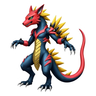 Modern anthropomorphic furry futuristic shiny colorful Zeraora-Salandit-Guilmon-fusion (full body) sticker