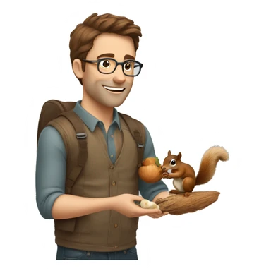 A man with brown hair, glasses and fair skin, feeds a squirrel with nuts sticker