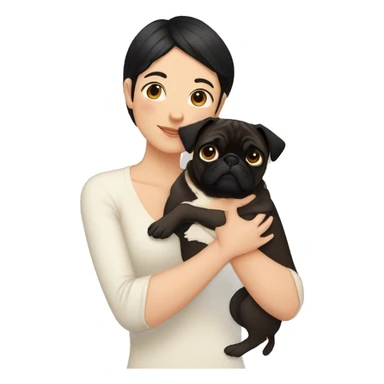 Lesbian woman with dark short hair, causacian skin, hugging a pug sticker