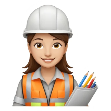 Arquitecta ojos marrones oscuros pestañas piel oliva pelo marron por los hombros sonrie casco blanco chaleco reflectante y material de dibujo técnico sticker