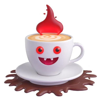 a cappuccino cup with red glowing eyes, menacing smile, and spilled coffee sticker