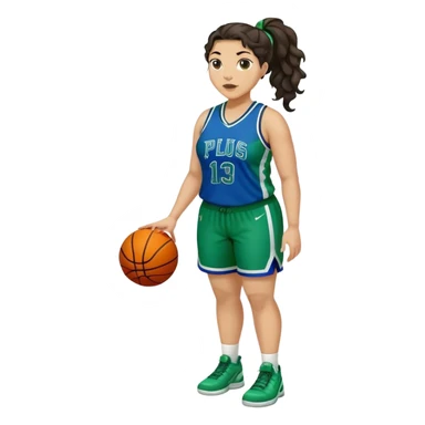 full body plus size light skin latino women basketball player with wavy dark hair in pony tail wide nose wearing blue with green uniform sticker