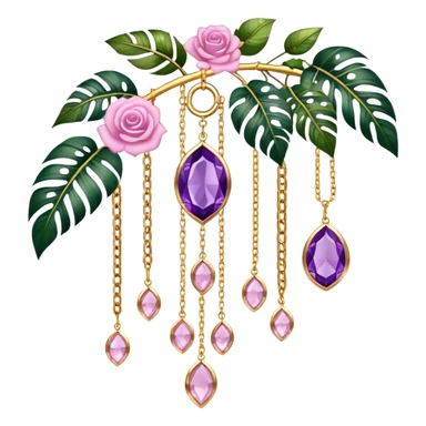 Hanging suncatcher, gold chains with shiny sparkly amethyst and rose-quartz gemstones, roses, beautiful tropical leaves, gorgeous aesthetics sticker